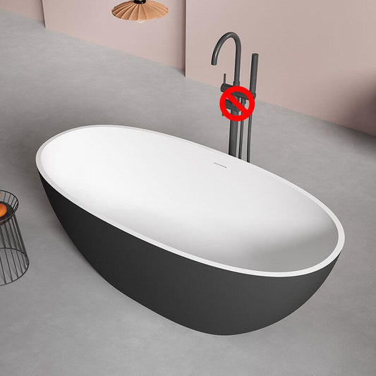Freestanding oval stone soaking bathtub with roll top, two handles, and valve faucet