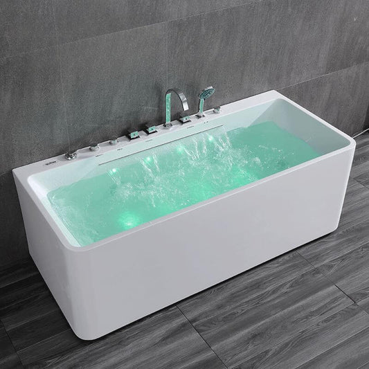 Rectangular waterfall spout faucet with 2 handles and massage whirlpool in bathtub main product image