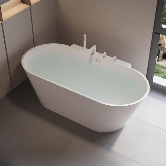 Oblong freestanding stone bathtub with roll top, two handles, and cartridge faucet for soaking therapy