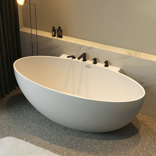 Oblong freestanding stone bathtub with roll top, two handles, and cartridge faucet for soaking therapy main product image