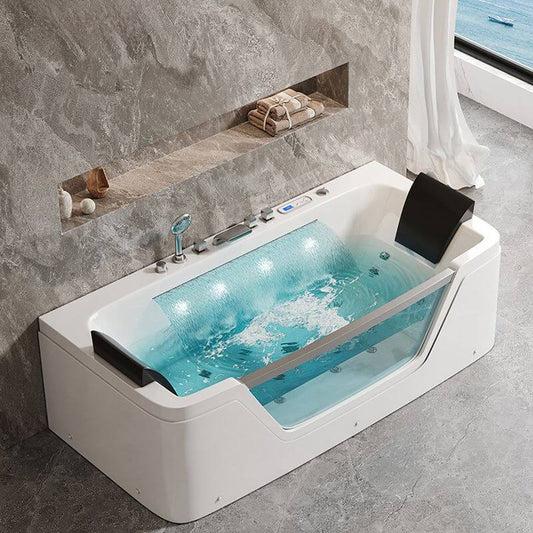 Whirlpool freestanding bathtub with massage jets, handle, overflow hole, and built-in heater main product image