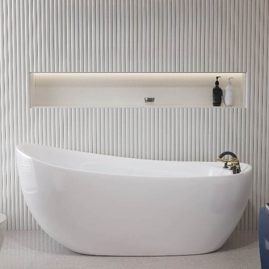 White freestanding polymer bathtub with irregular shape and dual faucet options main product image
