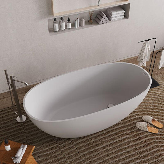 Elliptical white stone freestanding bathtub with roll top design and overflow hole main product image