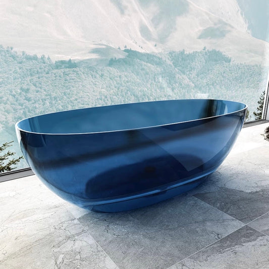 67-inch oval transparent resin soaking bathtub in sapphire blue with double design