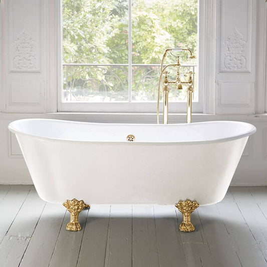 Blue-white clawfoot bathtub with porcelain enameled cast iron and roll top, oval shape for soaking therapy
