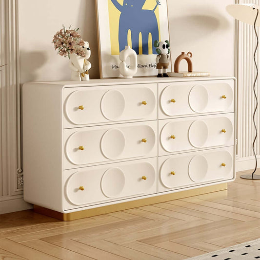 Art Deco Six-Drawer Dresser with Gold Accents and Metal Base Main Product Image