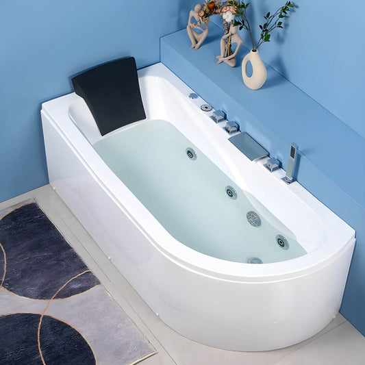 White acrylic modern corner soaking bathtub with built-in seat, 55 by 30 inches main product image