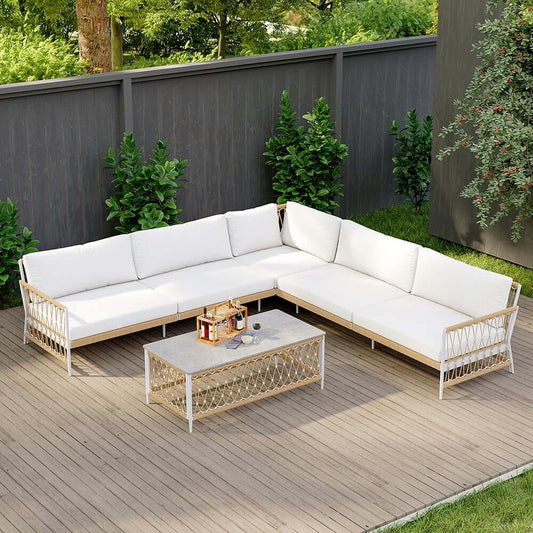 Boho Outdoor Sectional Sofa Set with Coffee Table - White Aluminum & Rope Main Product Image