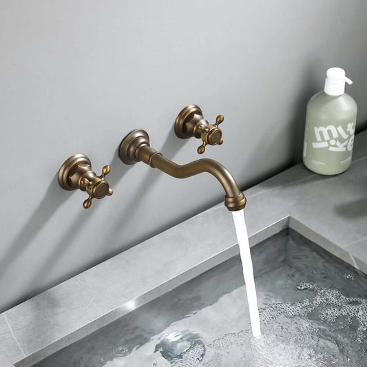 Chester Collection Wall Mount Bathroom Faucet in Antique Brass Main Product Image