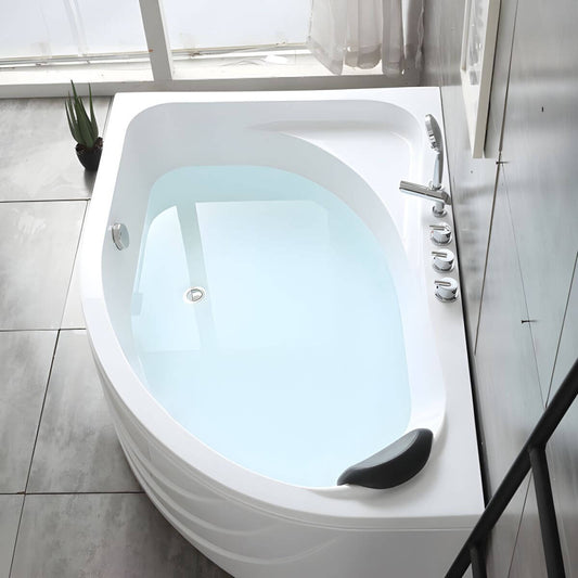 Modern white acrylic corner soaking bathtub with center-back drain, 47 by 35 by 22 inches main product image