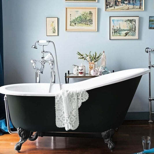 Chalk color clawfoot bathtub with porcelain enameled cast iron and single slipper design