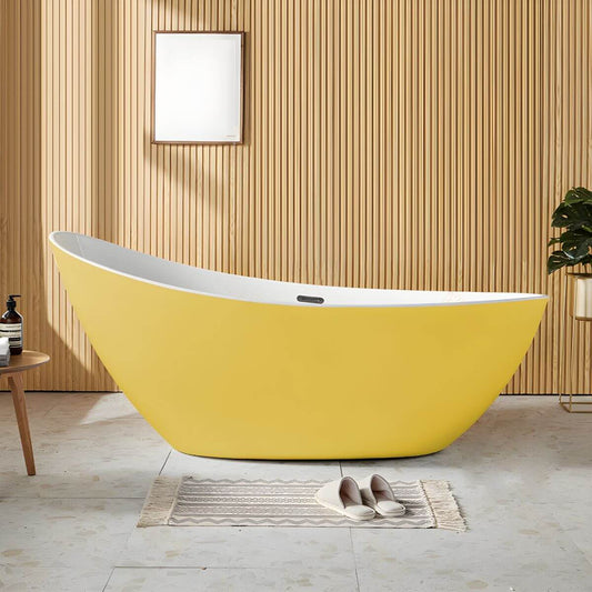 White contemporary freestanding acrylic soaking bathtub with oval slipper design, 59 by 31.5 inches