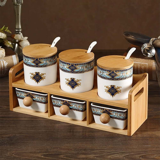 Elegant Blue & White Bamboo Spice Jar and Rack Set – 6 Jars Main Product Image