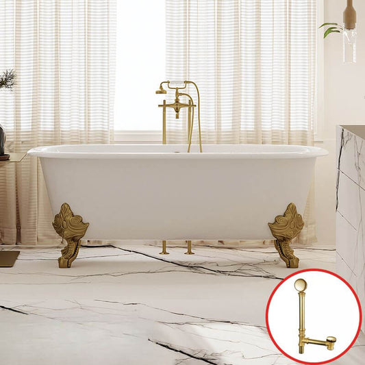 White clawfoot bathtub in porcelain enameled cast iron with roll top and wall-mounted faucets