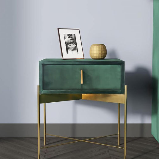 Green Velvet Modern Nightstand With Gold X-Legs Main Product Image