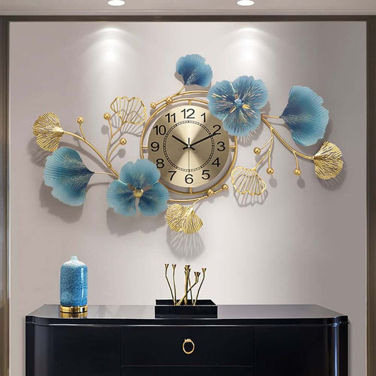 Metal Wall Clock with Ginkgo Leaves Gold and Blue Finish Main Product Image