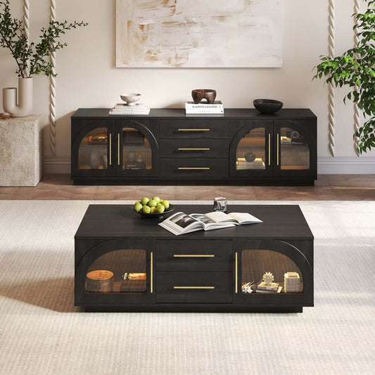 Mid-Century Modern Black TV Stand & Coffee Table Set Main Product Image