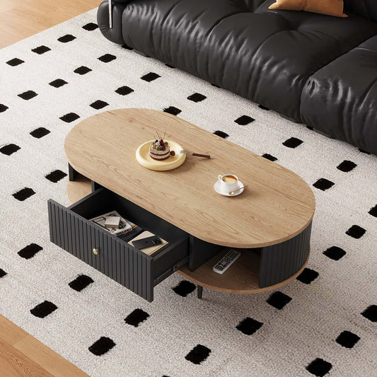Mid-Century Modern Oval Coffee Table with Fluted Drawer and Open Shelf Main Product Image