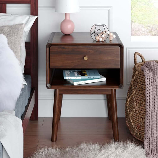 Mid-Century Modern Pine Wood Nightstand With Drawer Main Product Image
