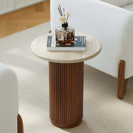 Mid-Century Modern Round Faux Marble Side Table, Walnut Main Product Image