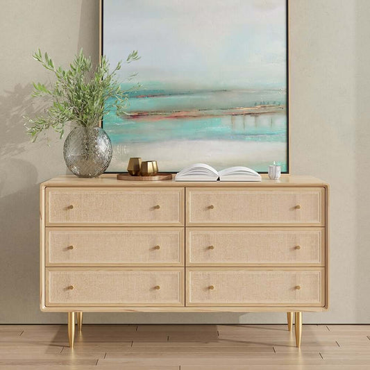 Mid-Century Modern Six-Drawer Dresser with Rattan and Brass Accents Main Product Image