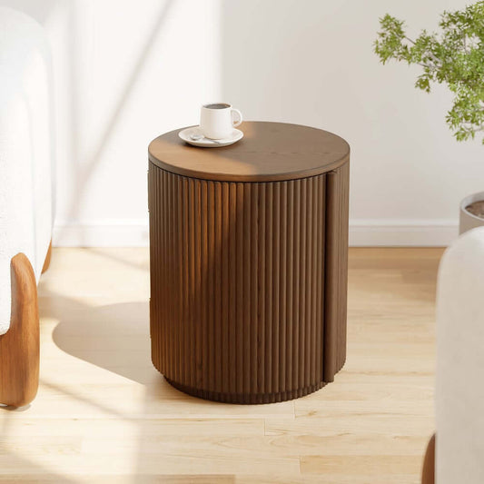 Mid-Century Modern Walnut Round Side Table With Storage Main Product Image