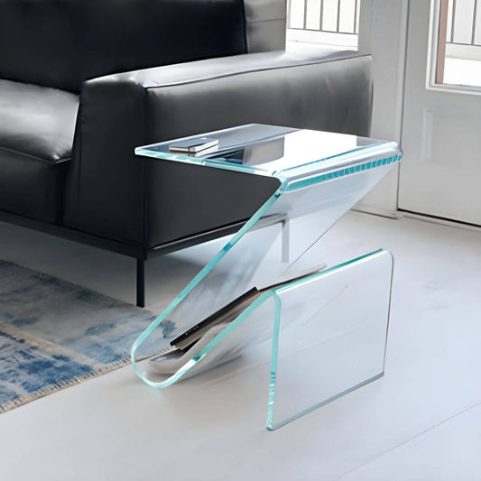 Modern Acrylic Side Table with Magazine Rack – Sculptural Z-Shape Design