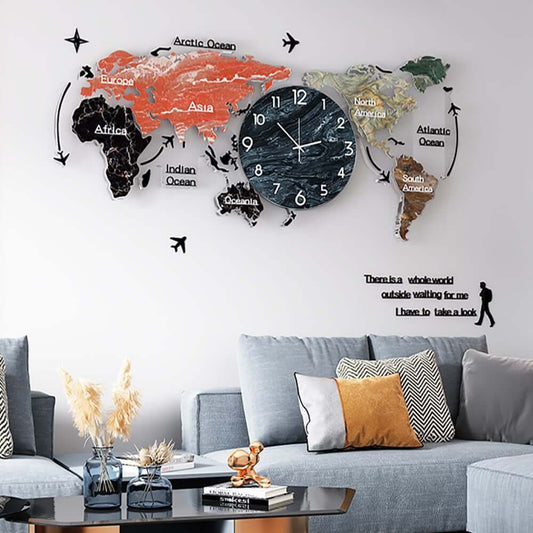 Modern Acrylic Wall Clock with LED Display and World Map Design Main Product Image