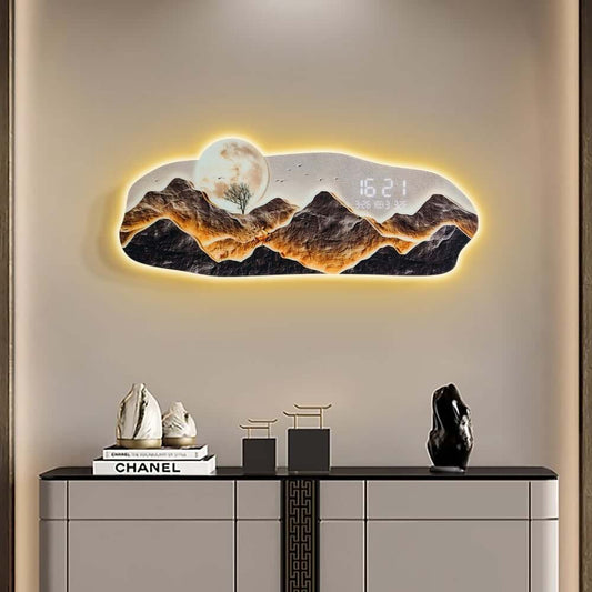 Modern Acrylic Wall Clock with LED Lighting and Irregular Mountain-Moon Design Main Product Image