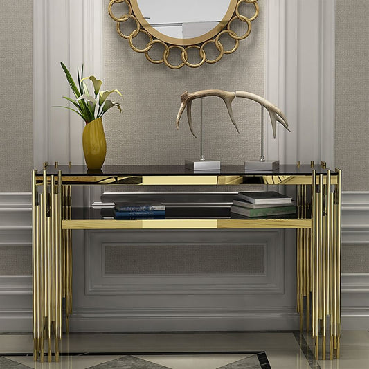 Modern Black & Gold Faux Marble Console Table with Shelves Main Product Image