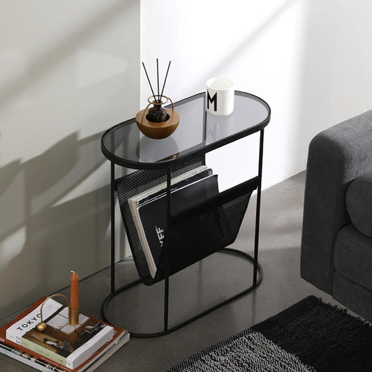 Modern Black Oval Glass End Table With Metal Frame Main Product Image