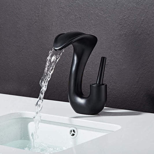 Modern Black Waterfall Bathroom Faucet with Brass Body and Lever Handle Main Product Image