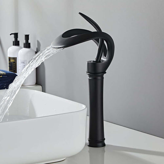 Modern Black Waterfall Bathroom Faucet with Single Lever Handle Main Product Image