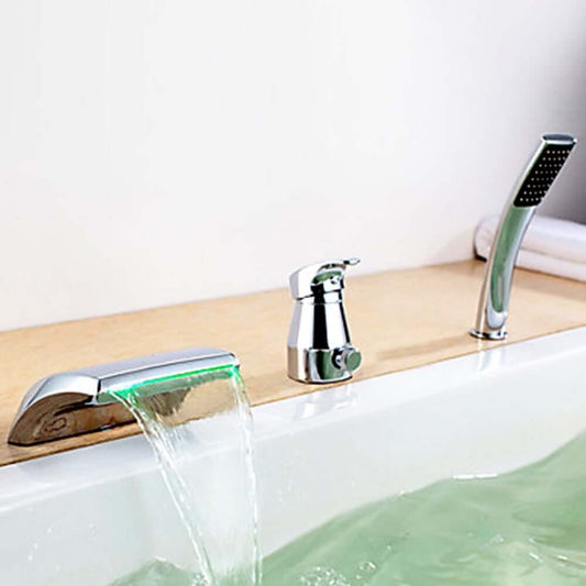 Modern Brass Deck Mounted Bathtub Faucet with Pullout Spray and LED Main Product Image