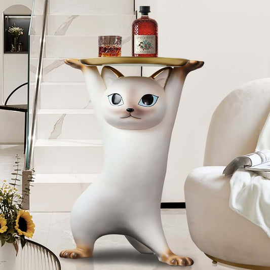 Modern Cat Side Table With Gold Tray - Whimsical Design Main Product Image