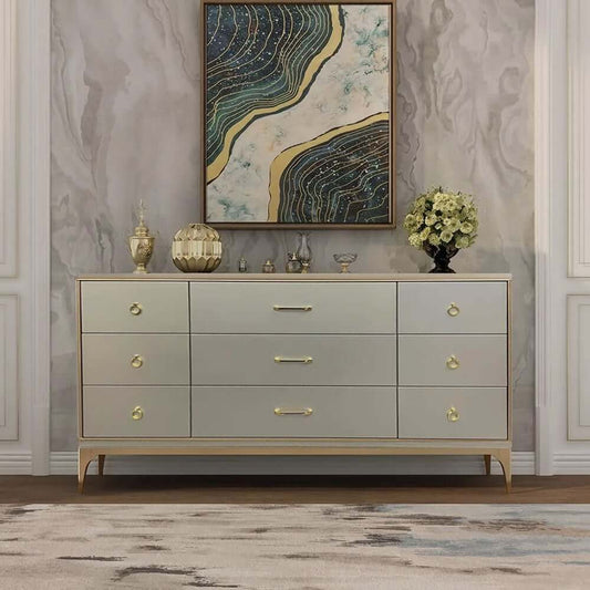 Modern Champagne Dresser with Nine Drawers and Brass Accents Main Product Image