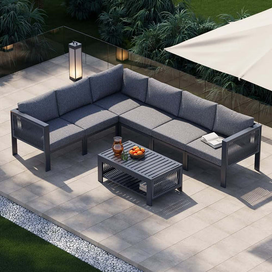 Modern Dark Gray Aluminum Sectional Outdoor Sofa Set with Coffee Table Main Product Image