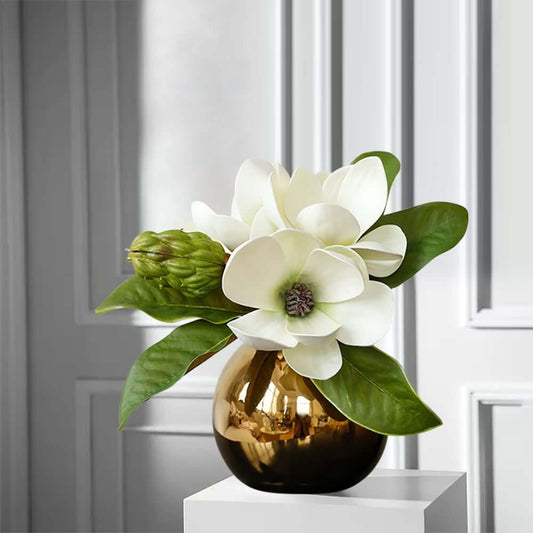 Modern Faux Floral Arrangement in Gold Glass Planter Main Product Image