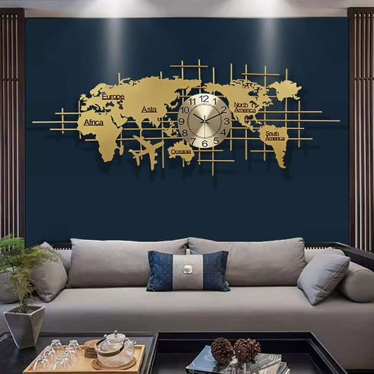 Modern Gold Metal Wall Clock with World Map Design Main Product Image