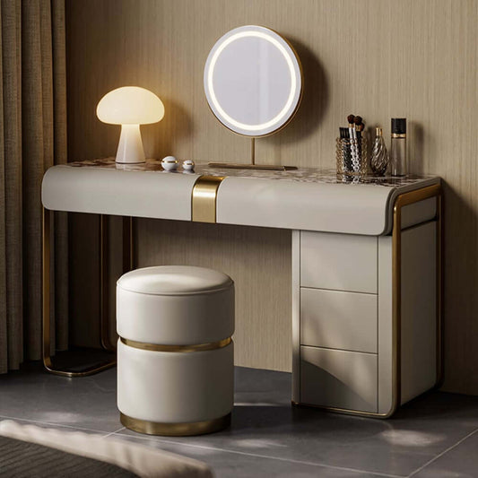 Modern Gray Vanity Set With Lighted Mirror & Gold Accents Main Product Image