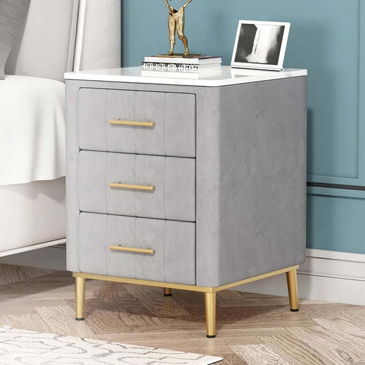 Modern Gray Velvet Nightstand With Sintered Stone Top Main Product Image