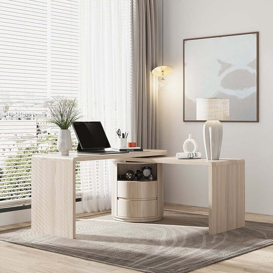 Modern L-Shaped Swivel Desk with Two Drawers and Washed White Finish Main Product Image