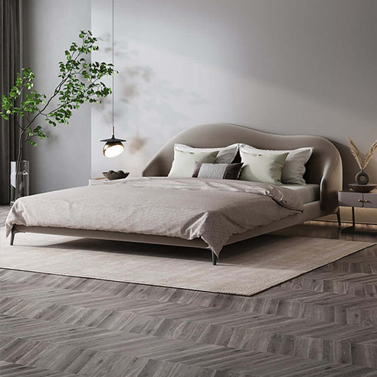Modern Light Gray Velvet Platform Bed With Headboard Main Product Image