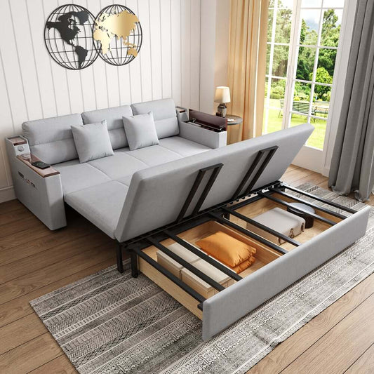 Modern Linen Sofa Bed With USB Ports And Storage Drawer Main Product Image