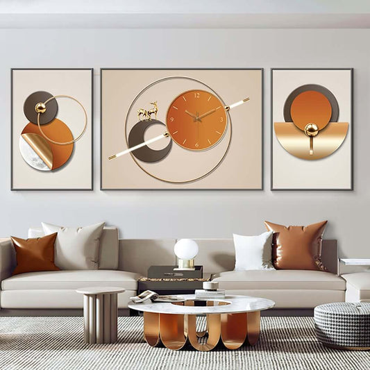 Modern MDF Wall Clock with Orange Finish and 2 Canvas Art Panels Main Product Image