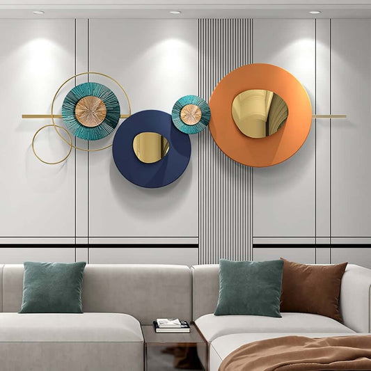 Modern Metal Wall Art with Abstract Circular Design in Orange Gold Blue Main Product Image