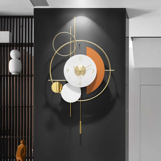 Modern Metal Wall Clock with Pendulum – Gold, White & Orange Design Main Product Image