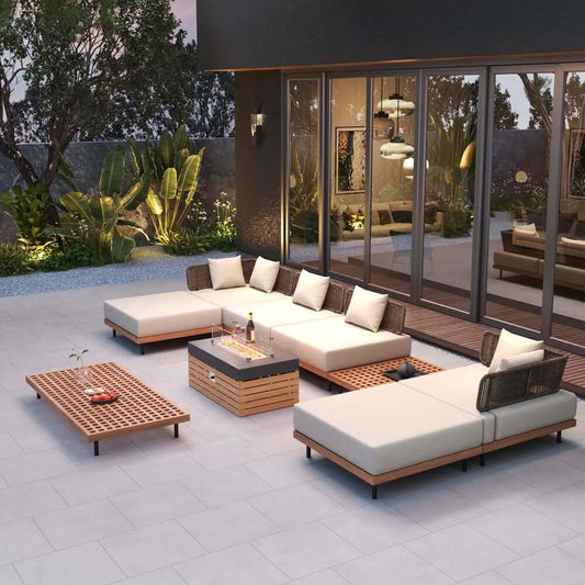 Modern Outdoor Teak Wood Fire Pit Coffee Table Set for 6 Main Product Image