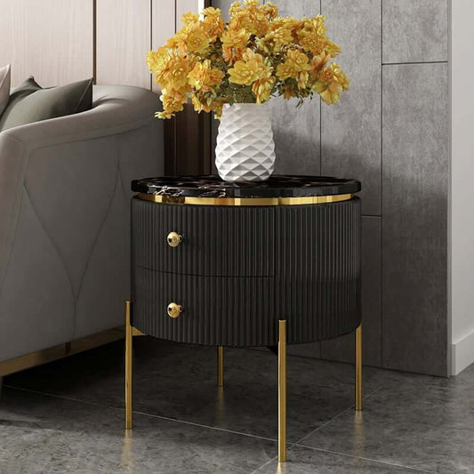 Modern Round Faux Marble End Table With 2 Drawers Main Product Image