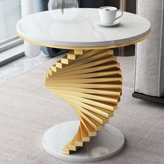 Modern Round Faux Marble End Table With Gold Pedestal Base Main Product Image